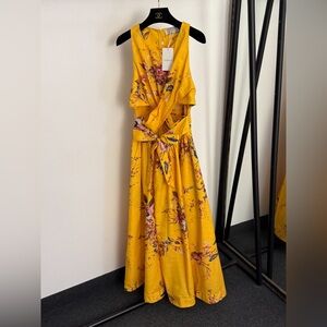 Zimmermann Yellow Floral Linen Blend Midi Dress with Waist Cutout & Tie Belt